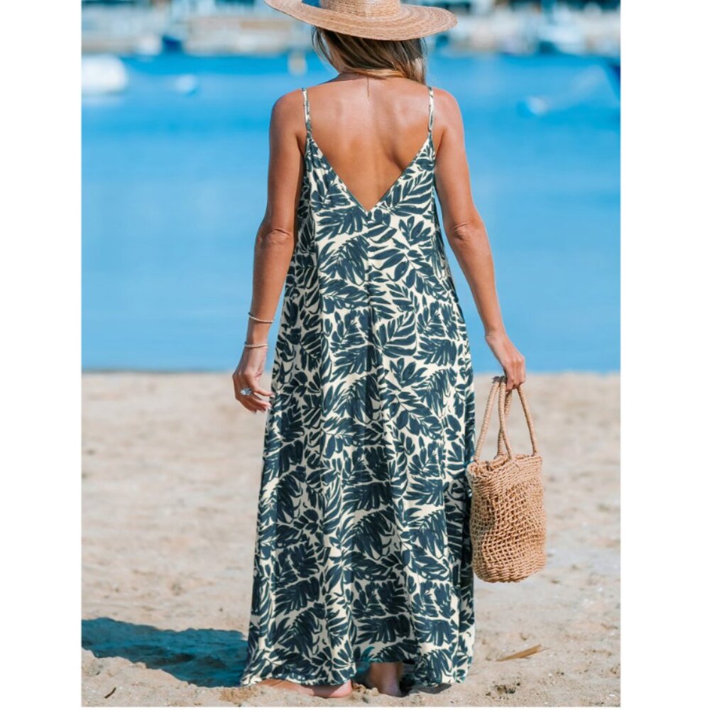 Cupshe Blue Tropical Sleeveless V-Neck Maxi Dress - Sz S - Picture 2 of 7